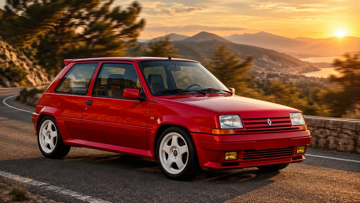 Renault Super 5 GT Turbo rouge, jantes blanches, sur une route de montagne au coucher du soleil