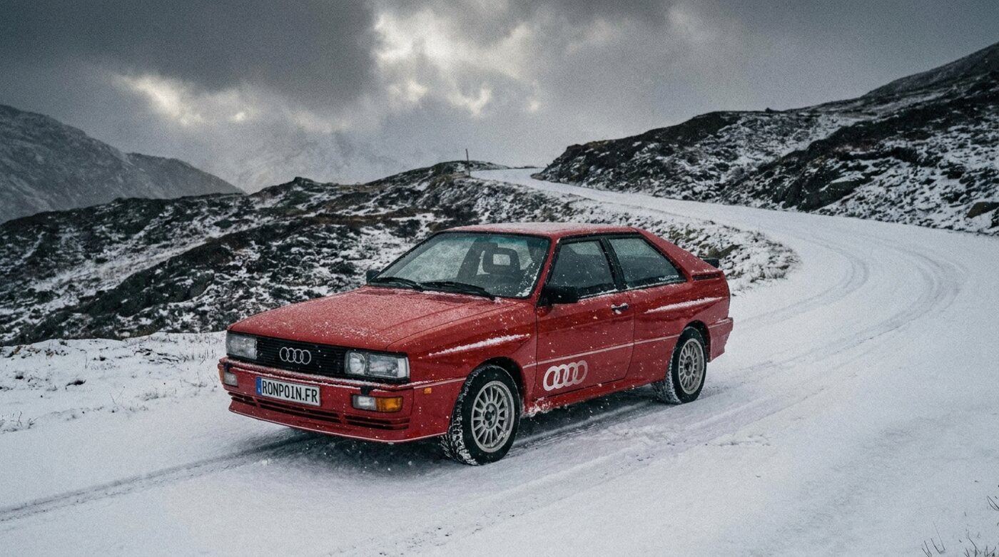 Audi Ur-quattro rouge sur col alpin enneigé