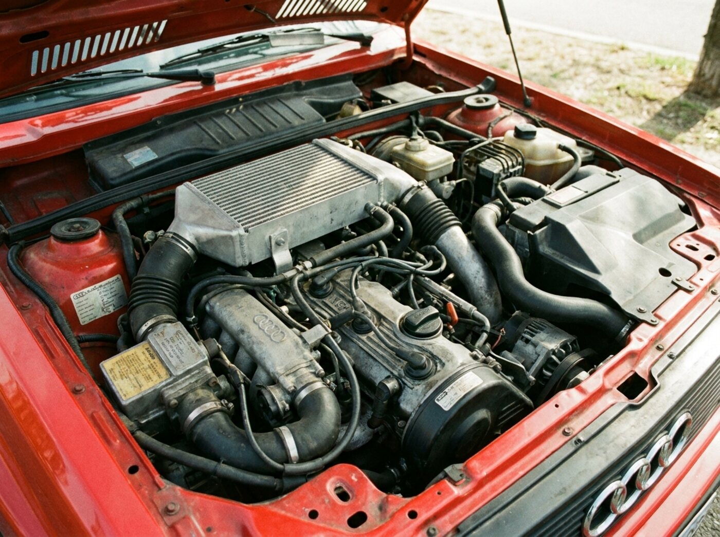 Compartiment moteur Audi Ur-quattro : cinq cylindres en ligne turbo longitudinal avec intercooler