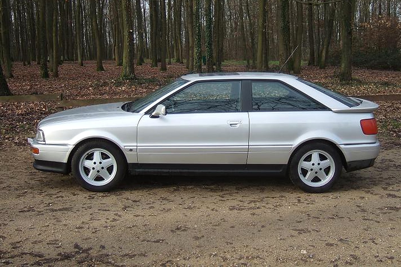 Audi S2 Coupé grise de profil en sous-bois, ligne de coupé et jantes Avus