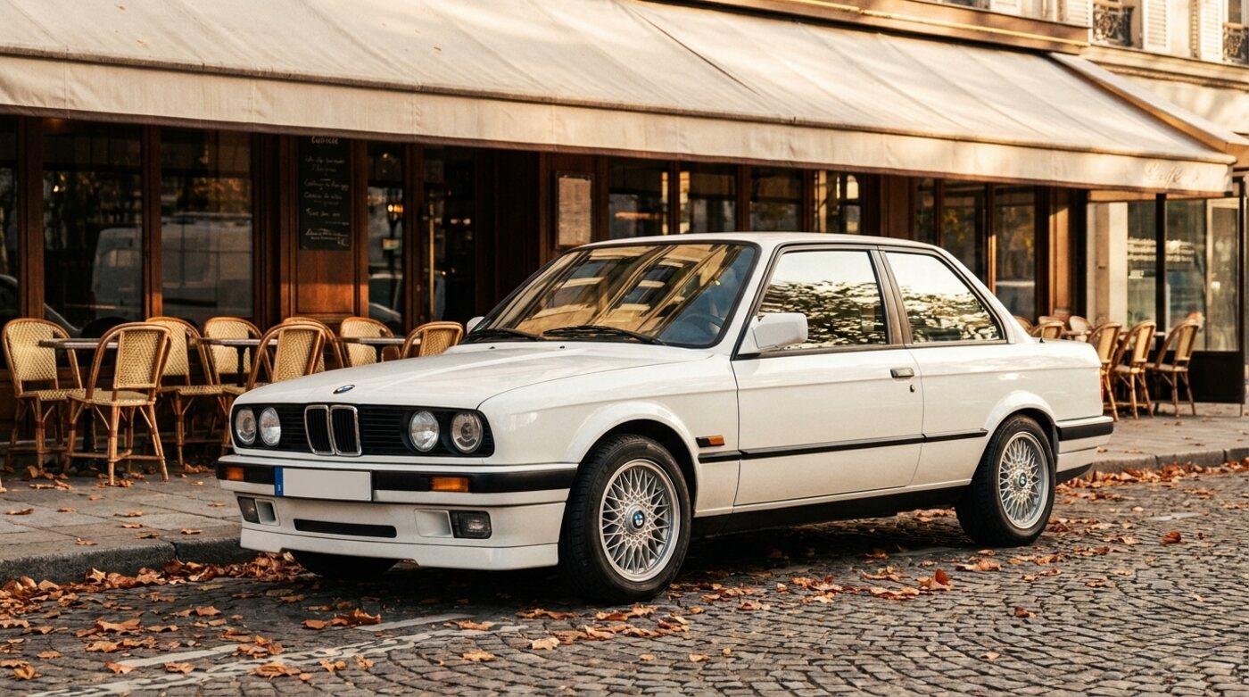 BMW 325i E30 blanche devant une terrasse de café en automne