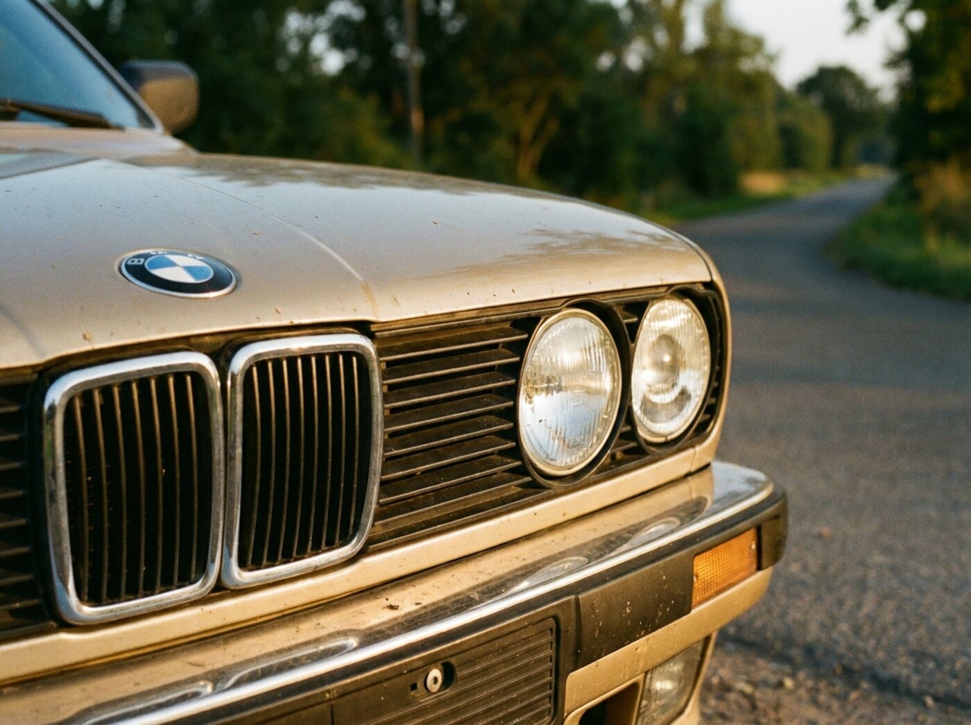 Détail face avant BMW E30 : quatre optiques rondes et haricots chromés
