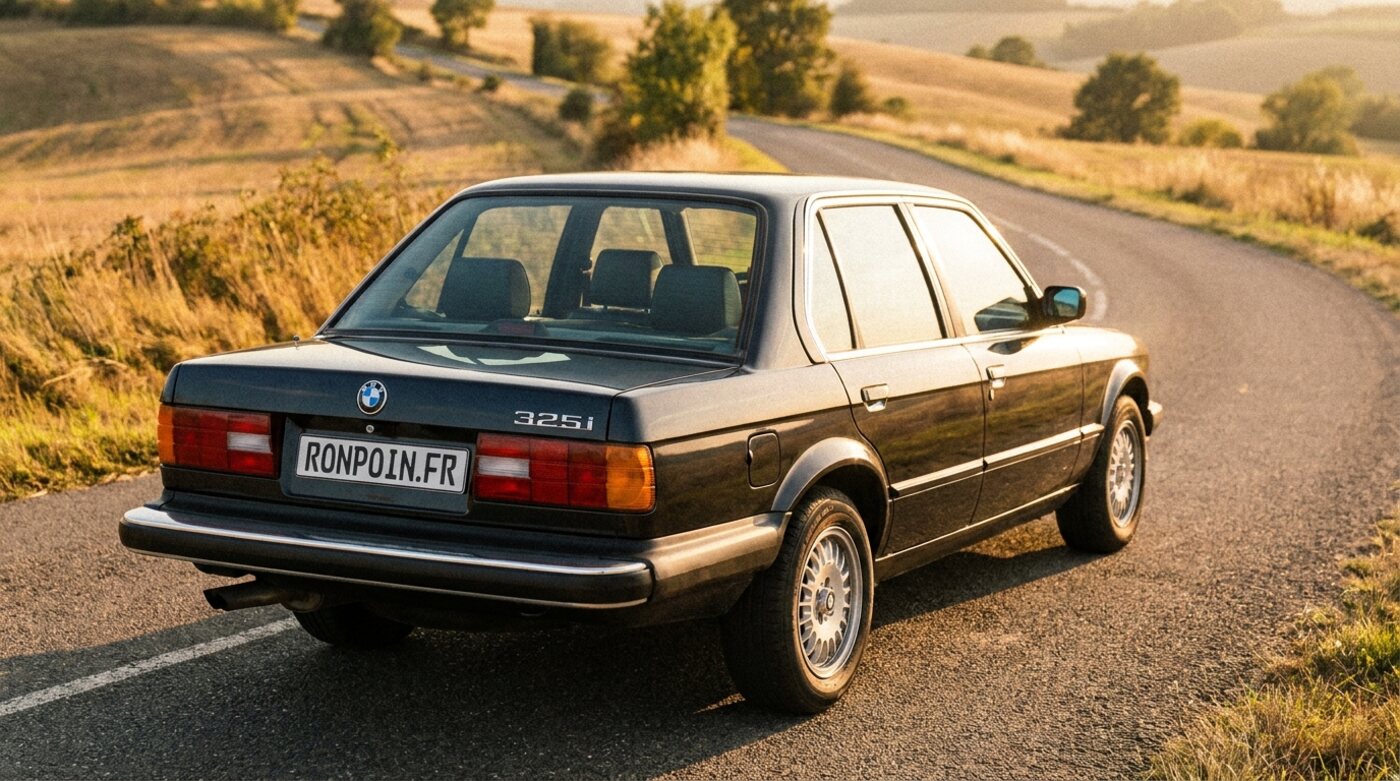 BMW E30 noire de trois quarts arrière, chromes et feux caractéristiques, route de campagne au soleil couchant