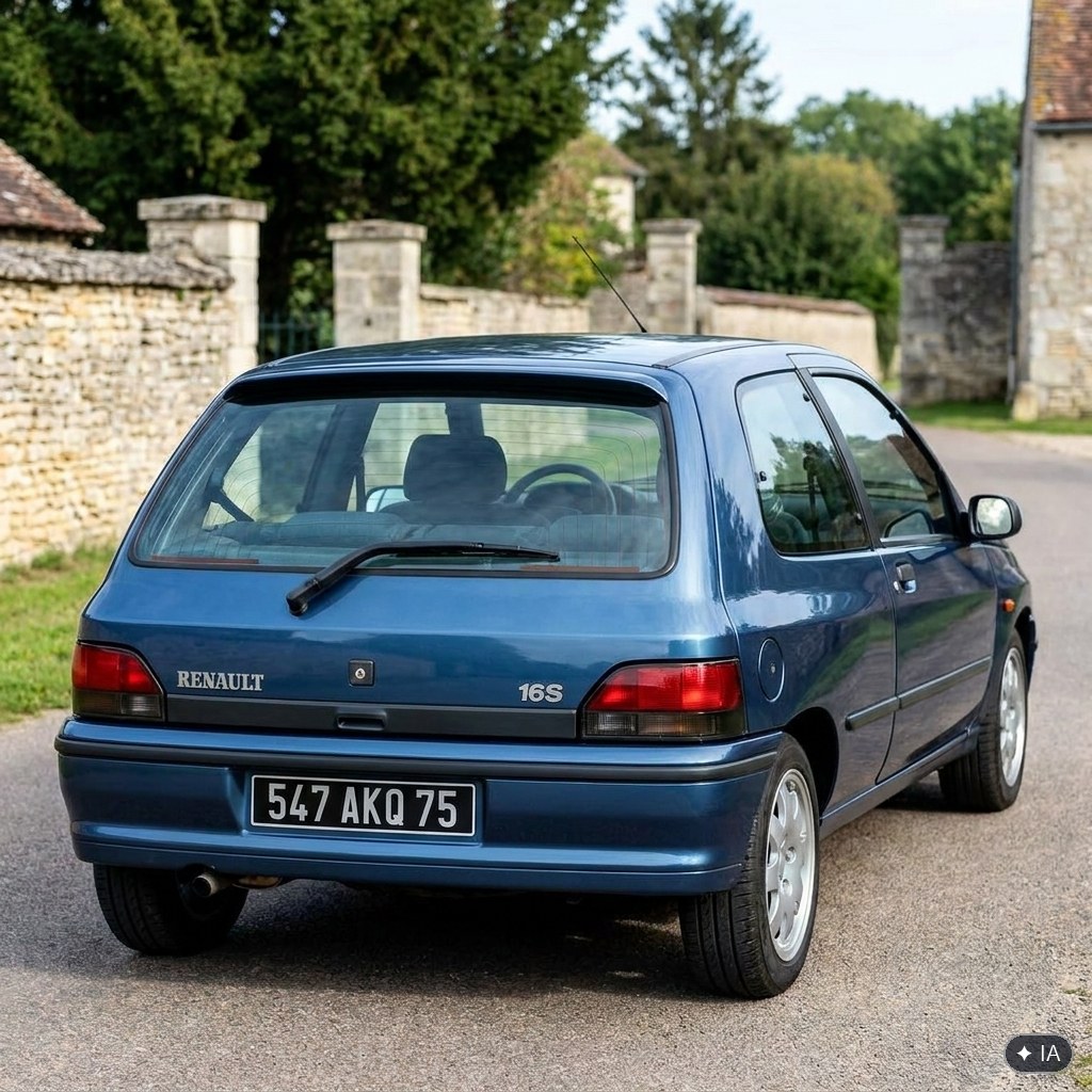 Renault Clio 16S de trois quarts arrière, badge 16S et double sortie, route de campagne