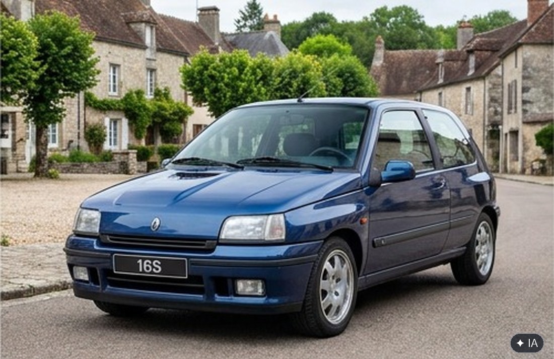 Renault Clio 16S bleue sport de trois quarts avant, jantes spécifiques, sur une place de village