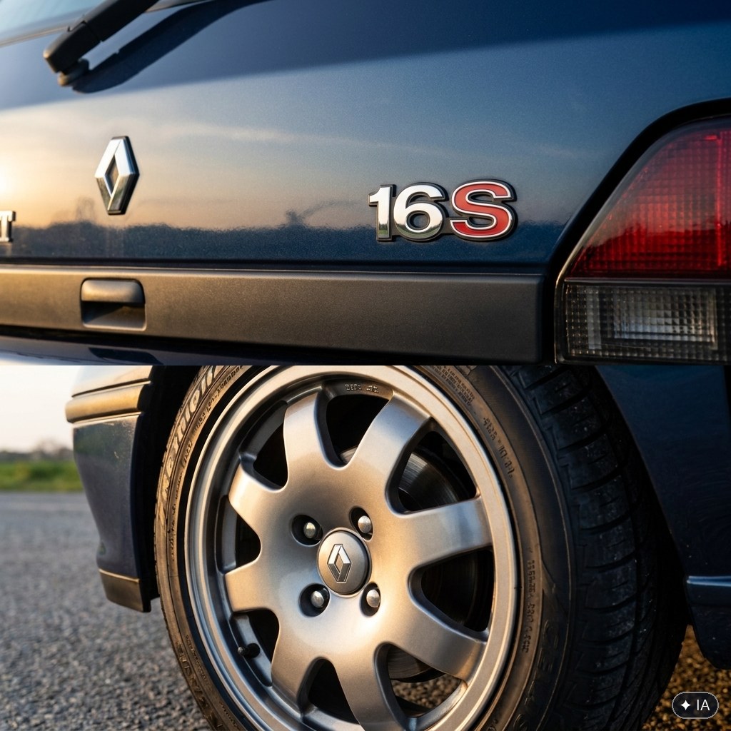 Détail Renault Clio 16S : monogramme 16S et jante d'origine