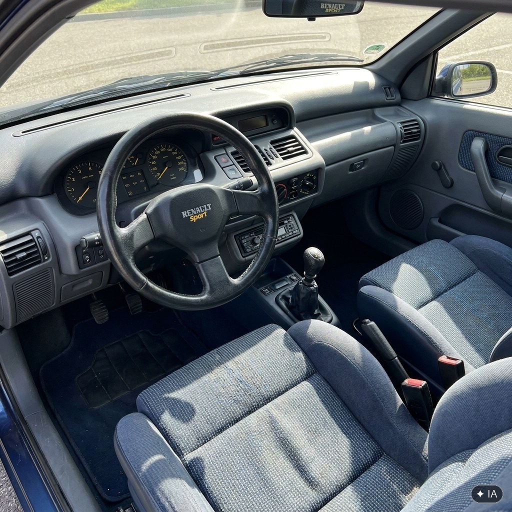 Intérieur Renault Clio 16S : sièges sport, volant Renault Sport et compteurs d'époque
