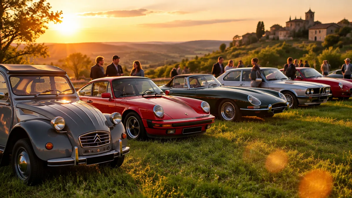 Rassemblement de clubs auto au coucher du soleil