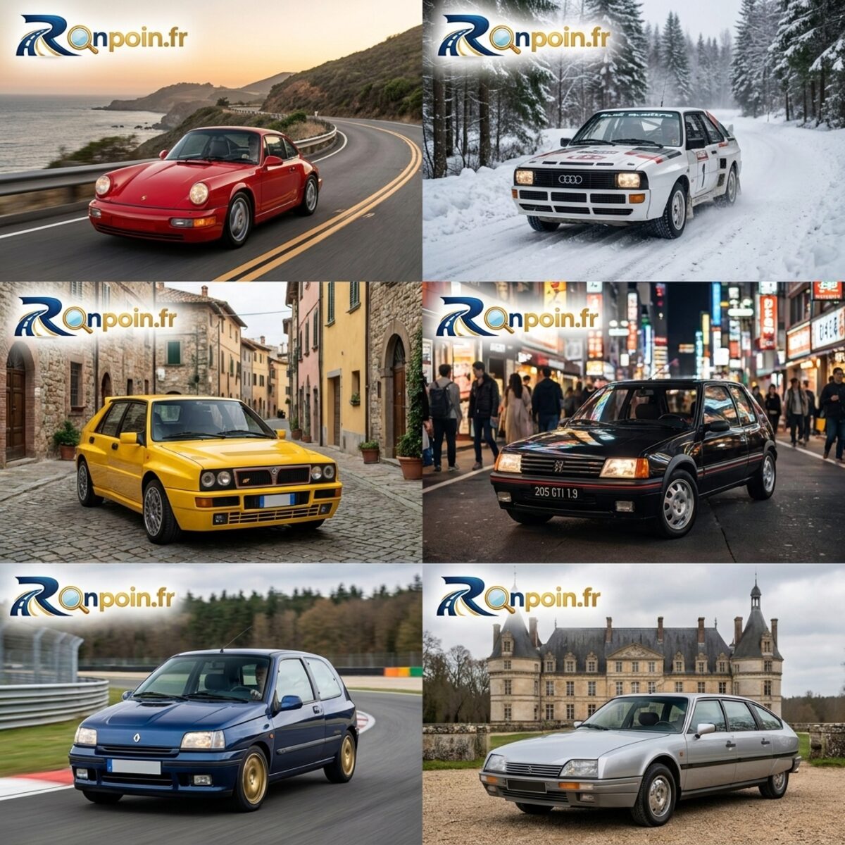 Planche youngtimers : ambiance village, café et voitures anciennes
