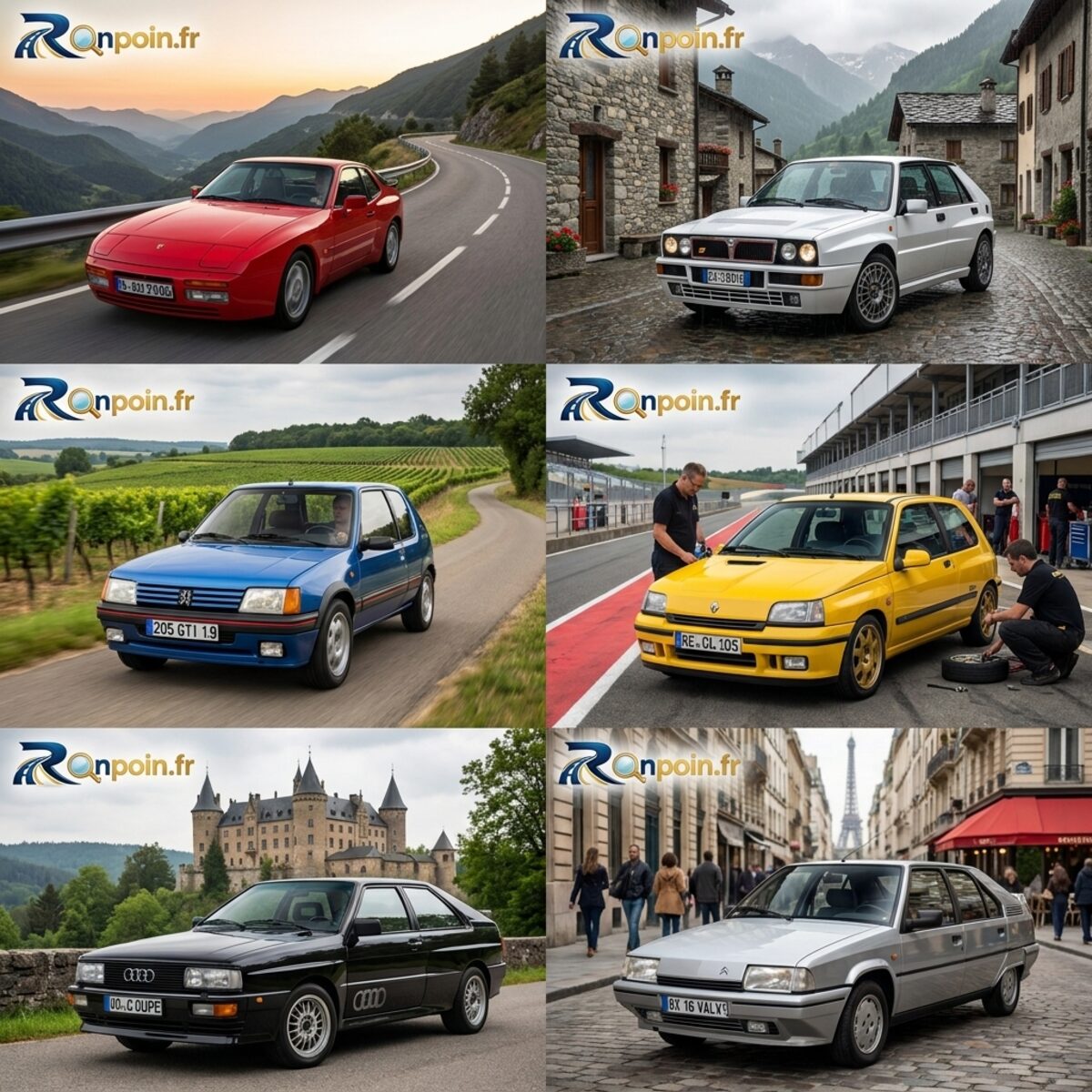 Planche youngtimers : berlines et cabriolets de collection au bord de mer