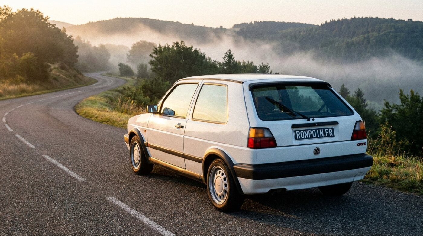 Golf GTI Mk2 blanche de trois quarts arrière, large montant C et badge GTI, route de montagne au lever du soleil