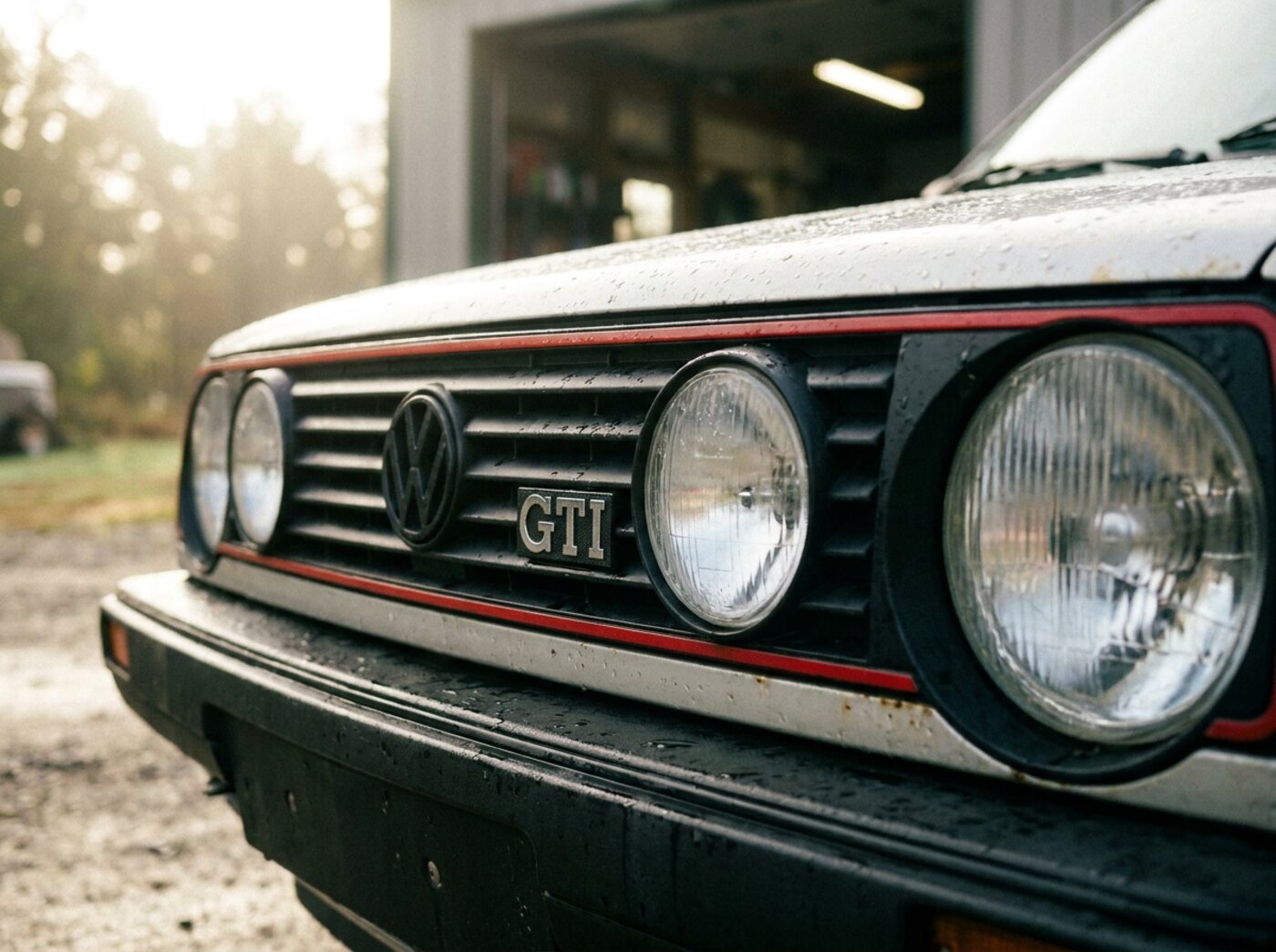 Détail calandre Golf GTI Mk2 : double optiques rondes et liseré rouge GTI