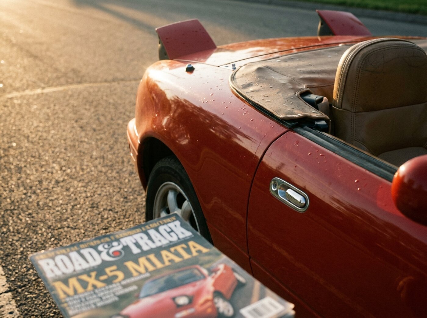 Détail Mazda MX-5 NA : phare escamotable relevé sur carrosserie rouge classique