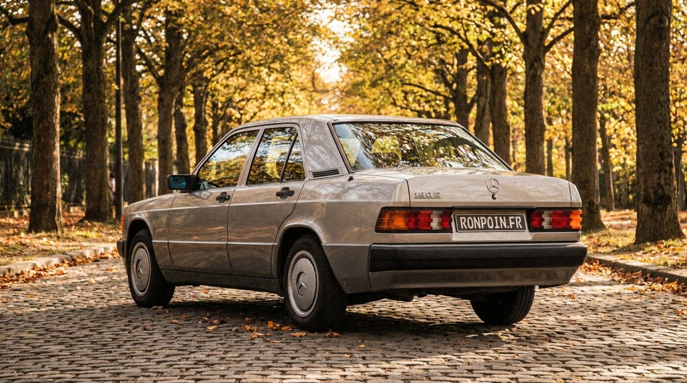 Mercedes 190E grise de trois quarts arrière avec feux striés caractéristiques, avenue bordée d'arbres en automne