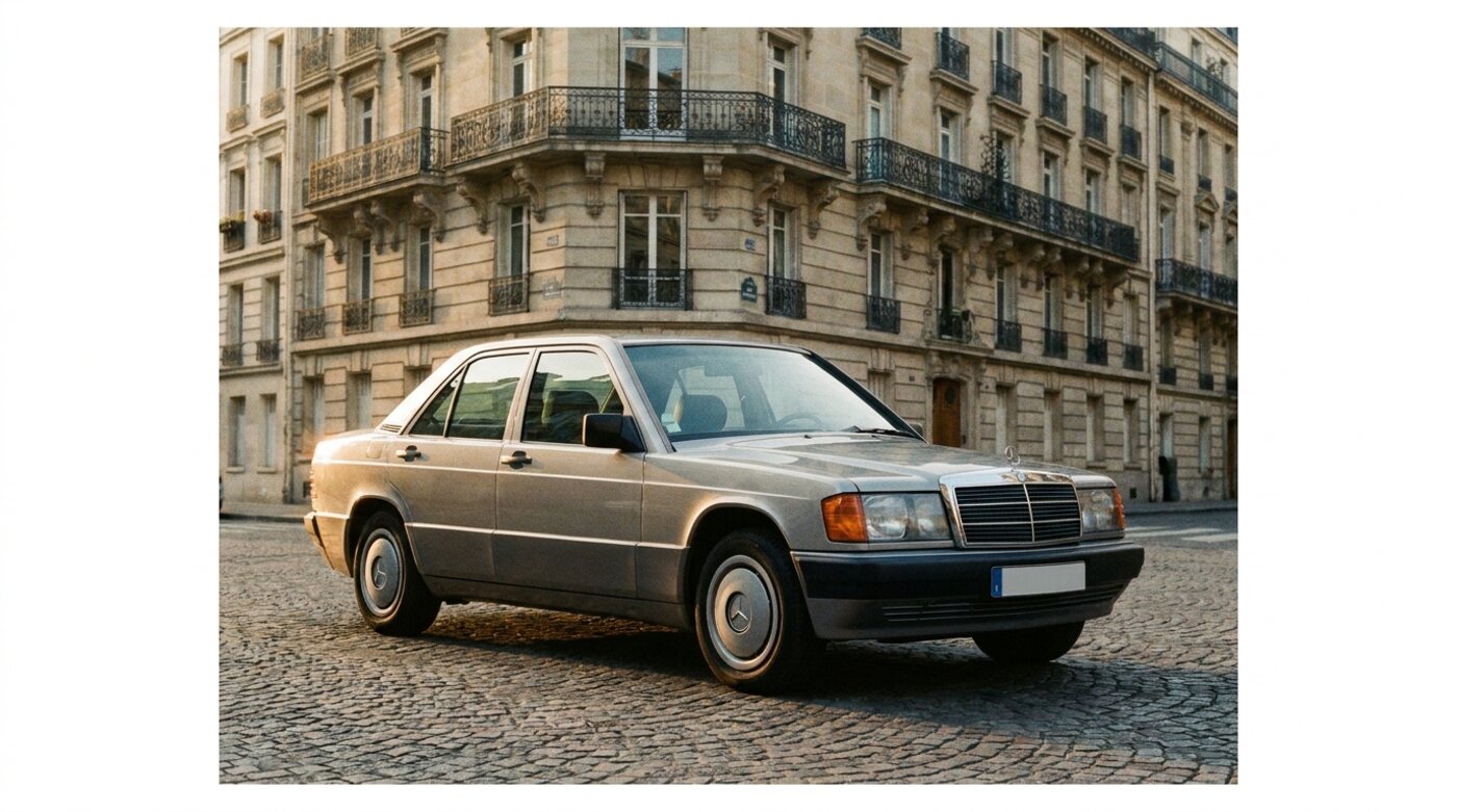 Mercedes 190E W201 argent devant un immeuble haussmannien