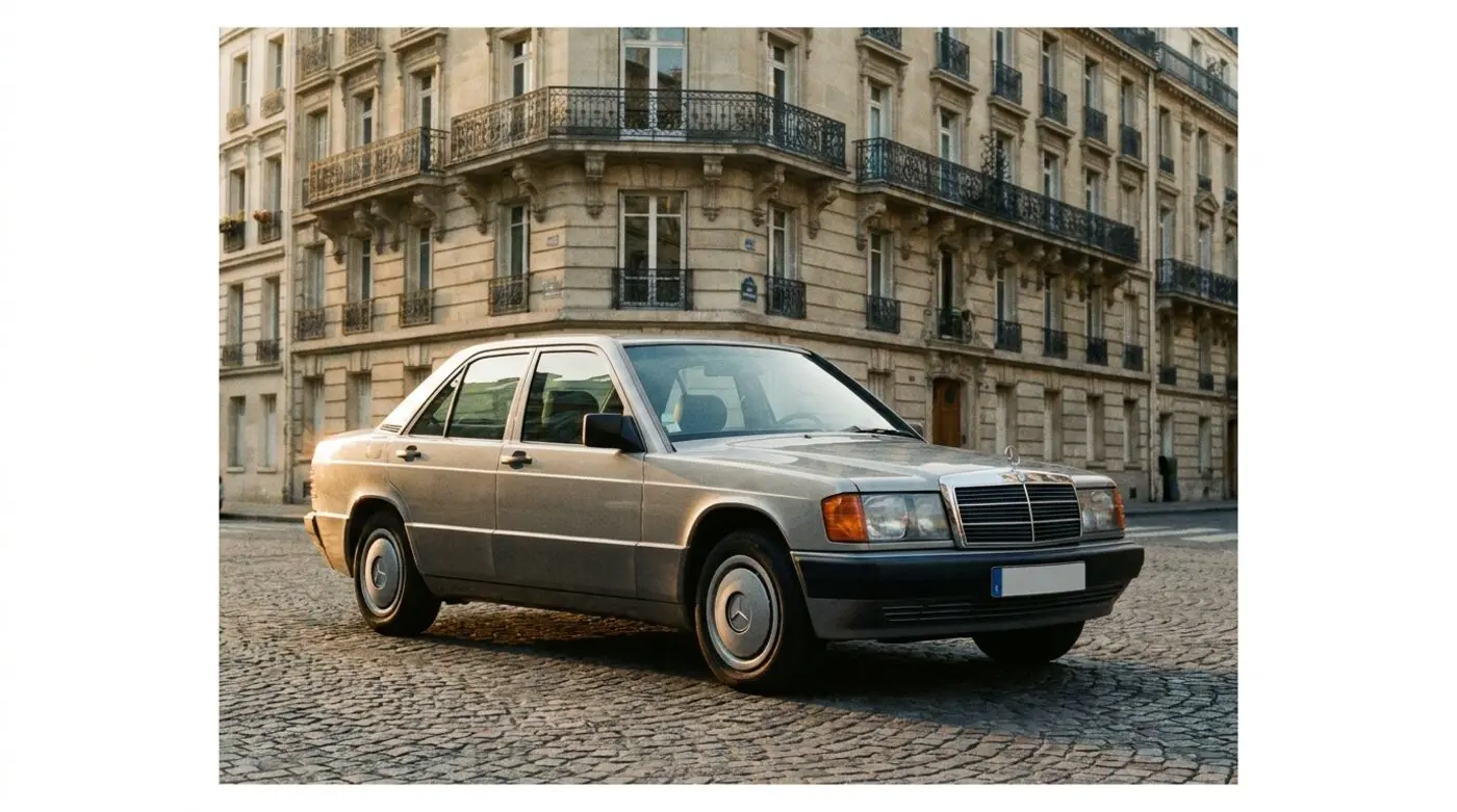 Mercedes 190E W201 argent devant un immeuble haussmannien