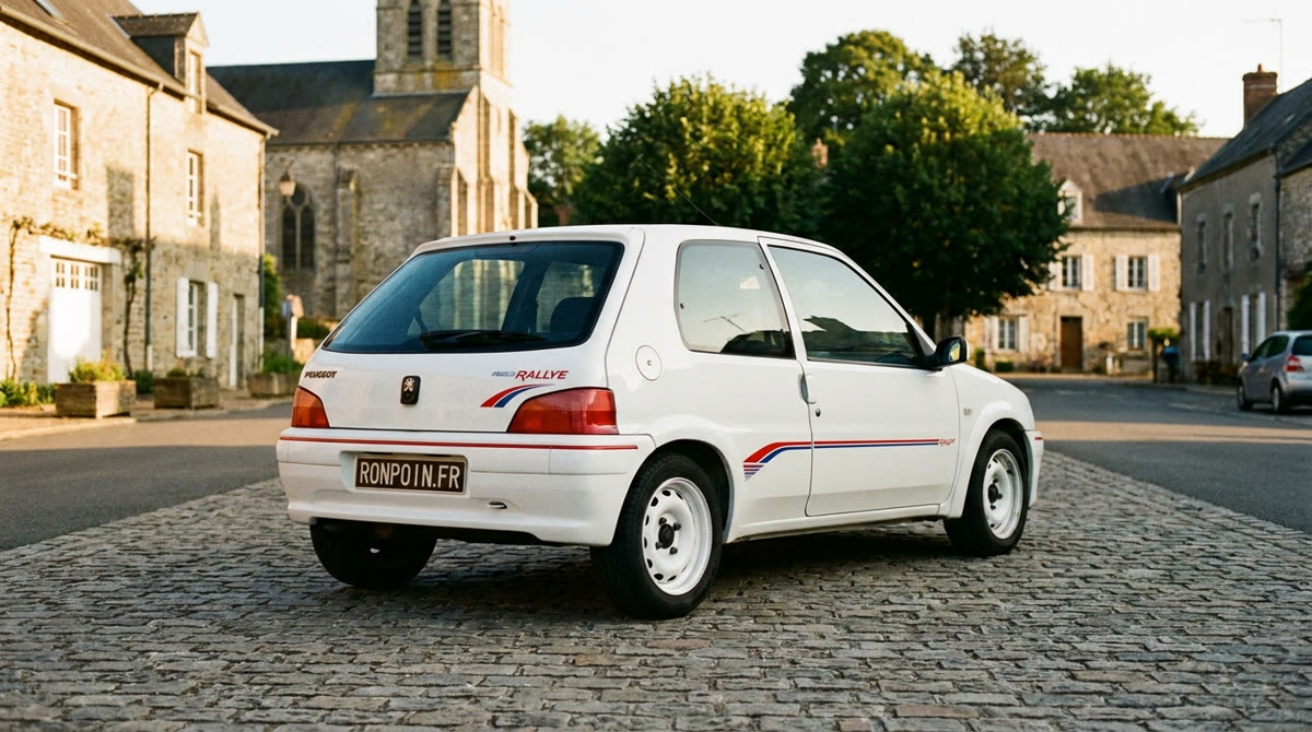 Peugeot 106 Rallye blanche vue de trois quarts arrière sur un parking pavé de village au soleil couchant