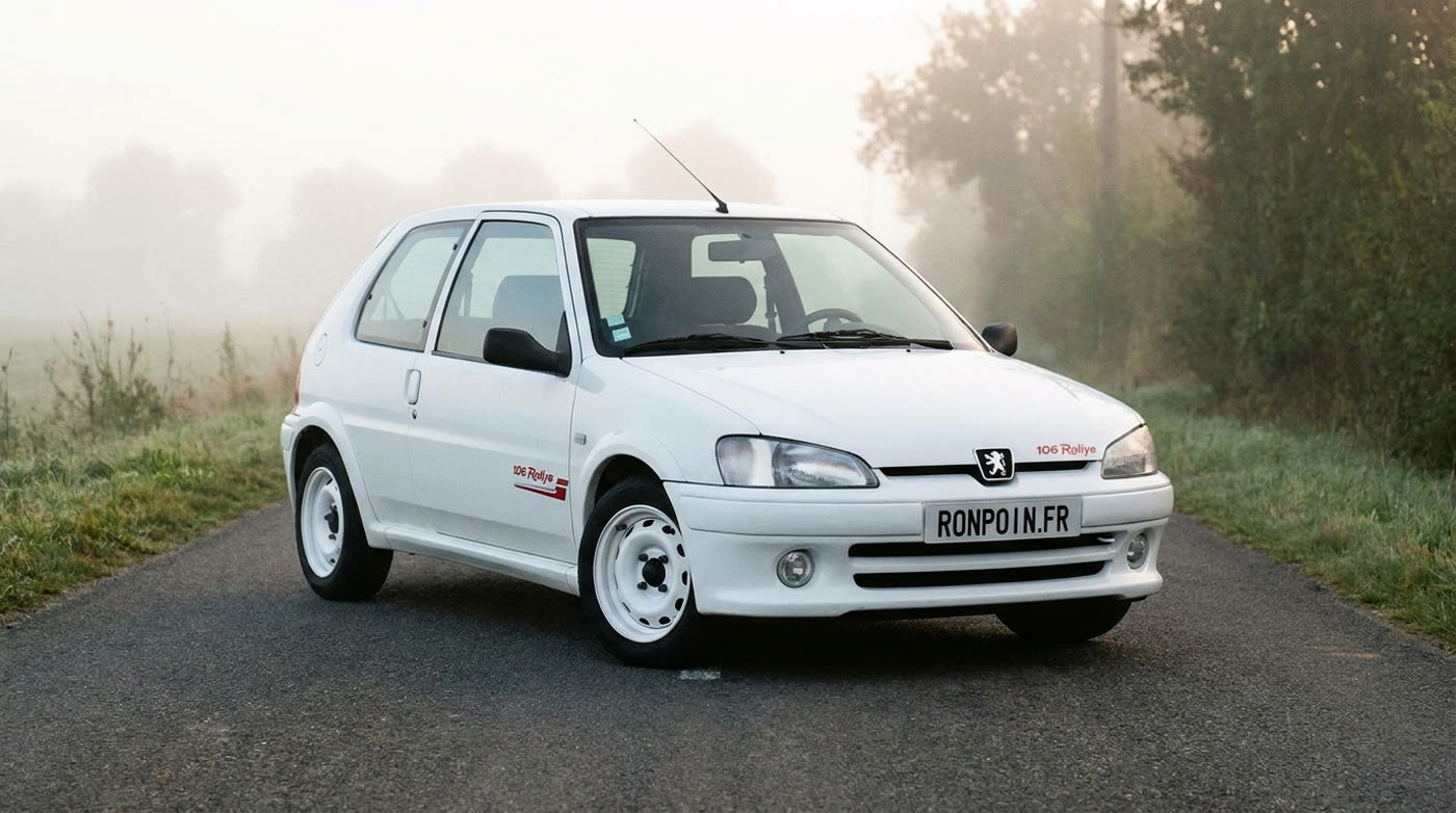Peugeot 106 Rallye blanche avec jantes tôle blanches et stickers rouges, sur une petite route de campagne dans la brume matinale