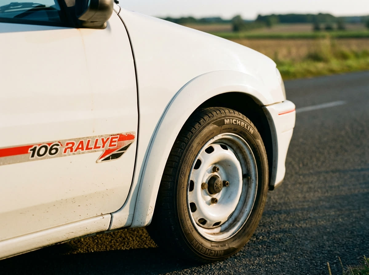 Détail Peugeot 106 Rallye : sticker 106 Rallye rouge sur l'aile avant et jante tôle blanche