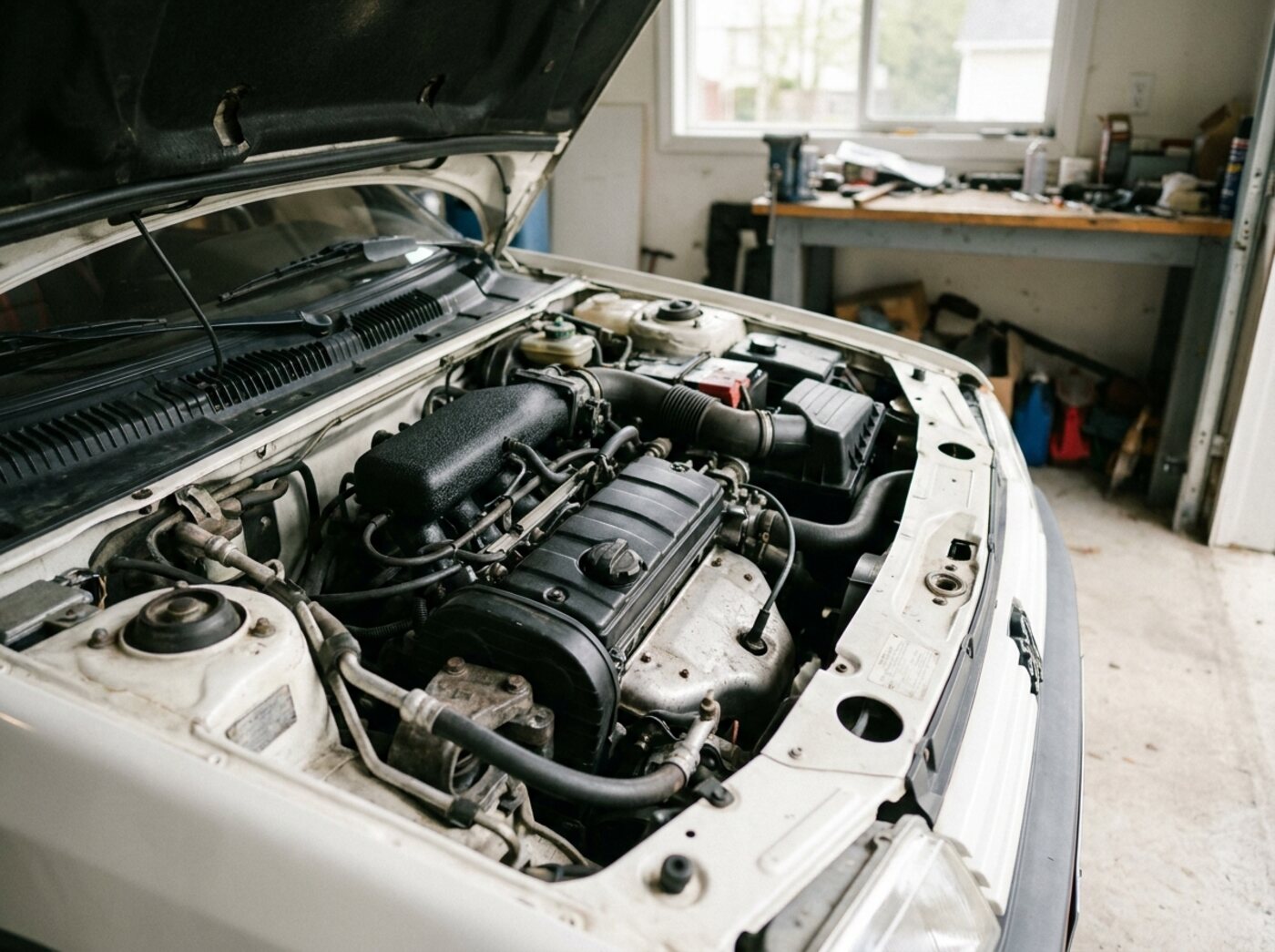 Compartiment moteur Peugeot 205 GTI 1.9 : quatre cylindres XU transversal bien entretenu