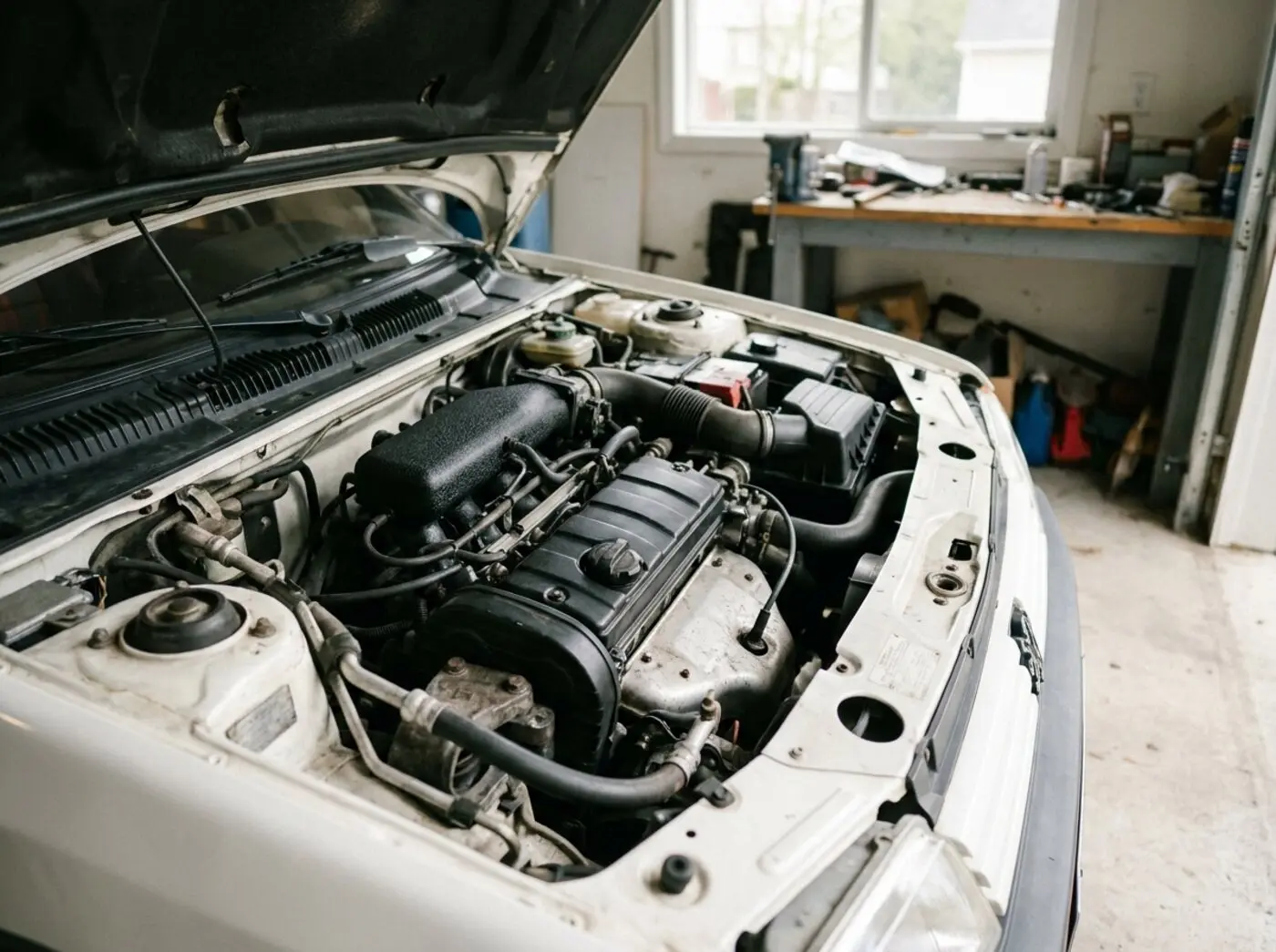 Compartiment moteur Peugeot 205 GTI 1.9 : quatre cylindres XU transversal bien entretenu