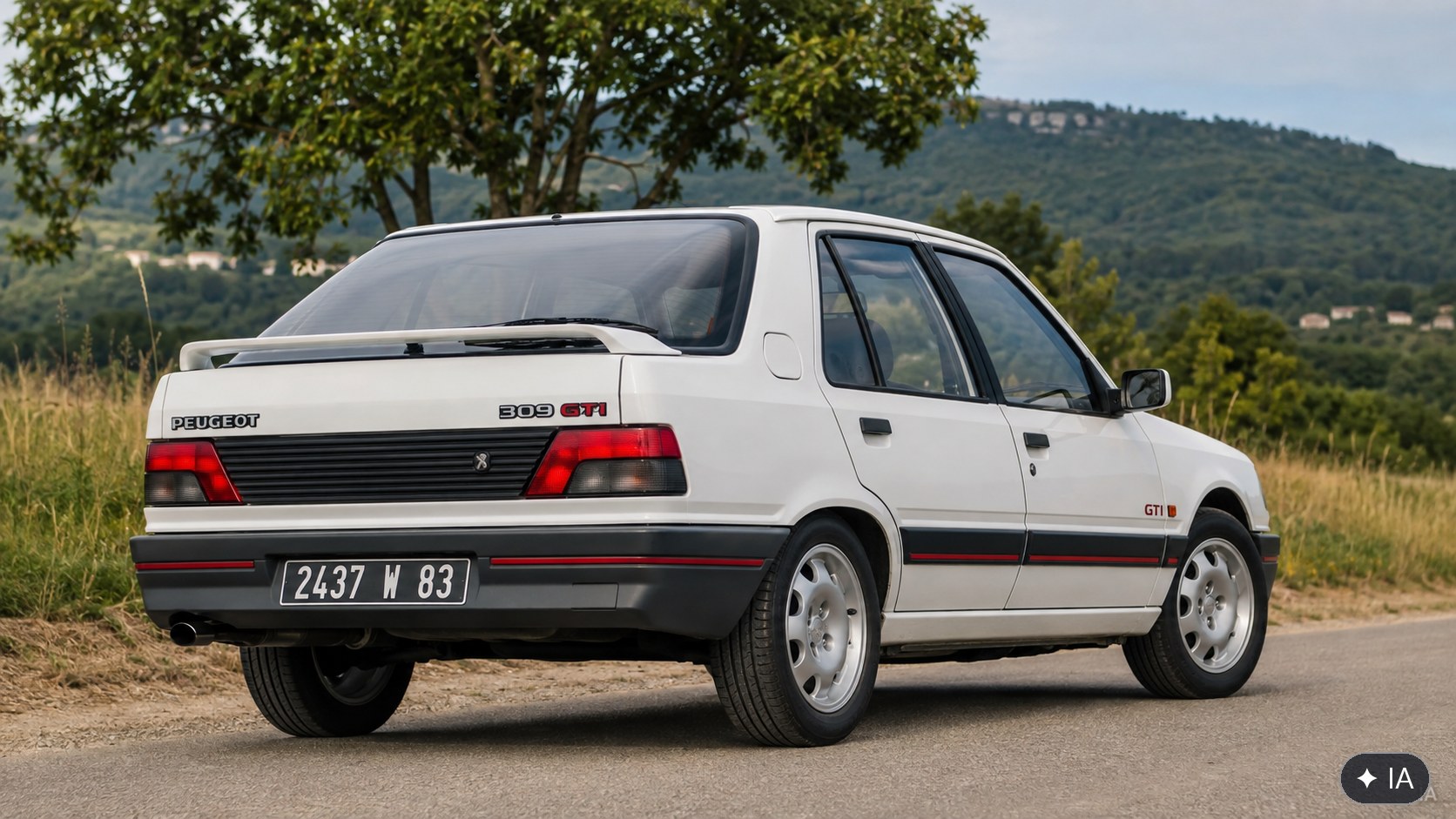 Peugeot 309 GTI blanche de trois quarts arrière, becquet et badge GTI, route de campagne