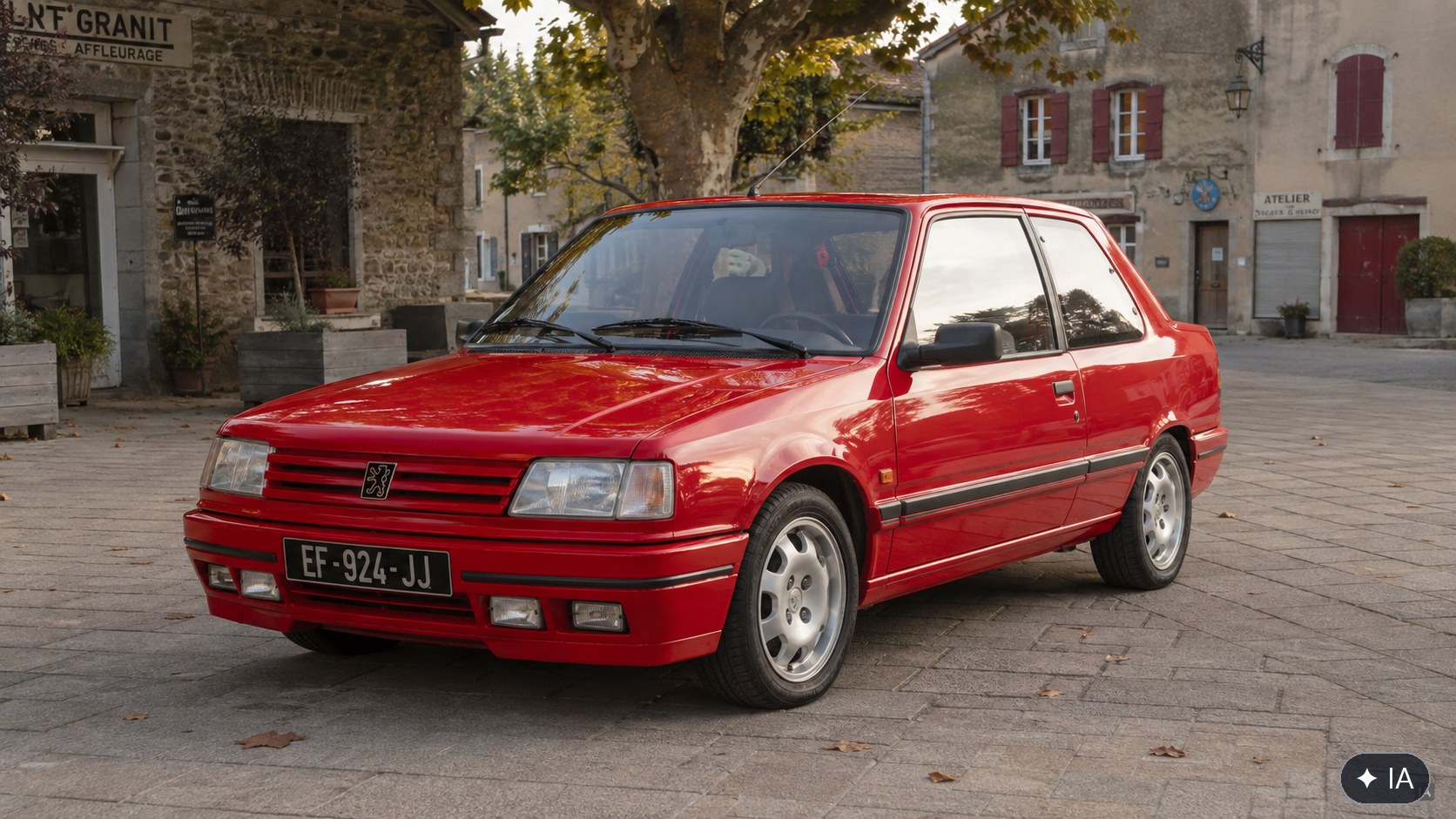 Peugeot 309 GTI rouge vallelunga de trois quarts avant, jantes spécifiques GTI, sur une place de village