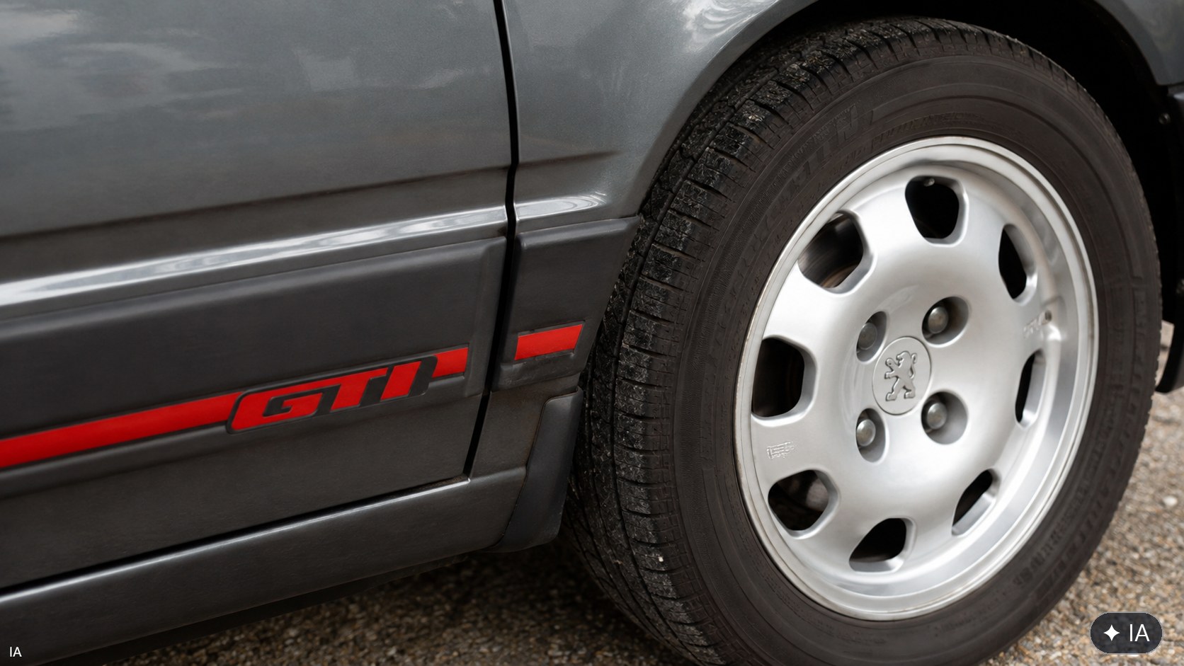 Détail Peugeot 309 GTI : liseré rouge GTI et jante d'origine
