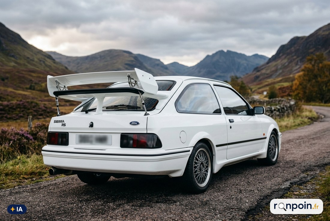 Ford Sierra RS Cosworth blanche de trois quarts arrière, grand aileron biplan bien visible