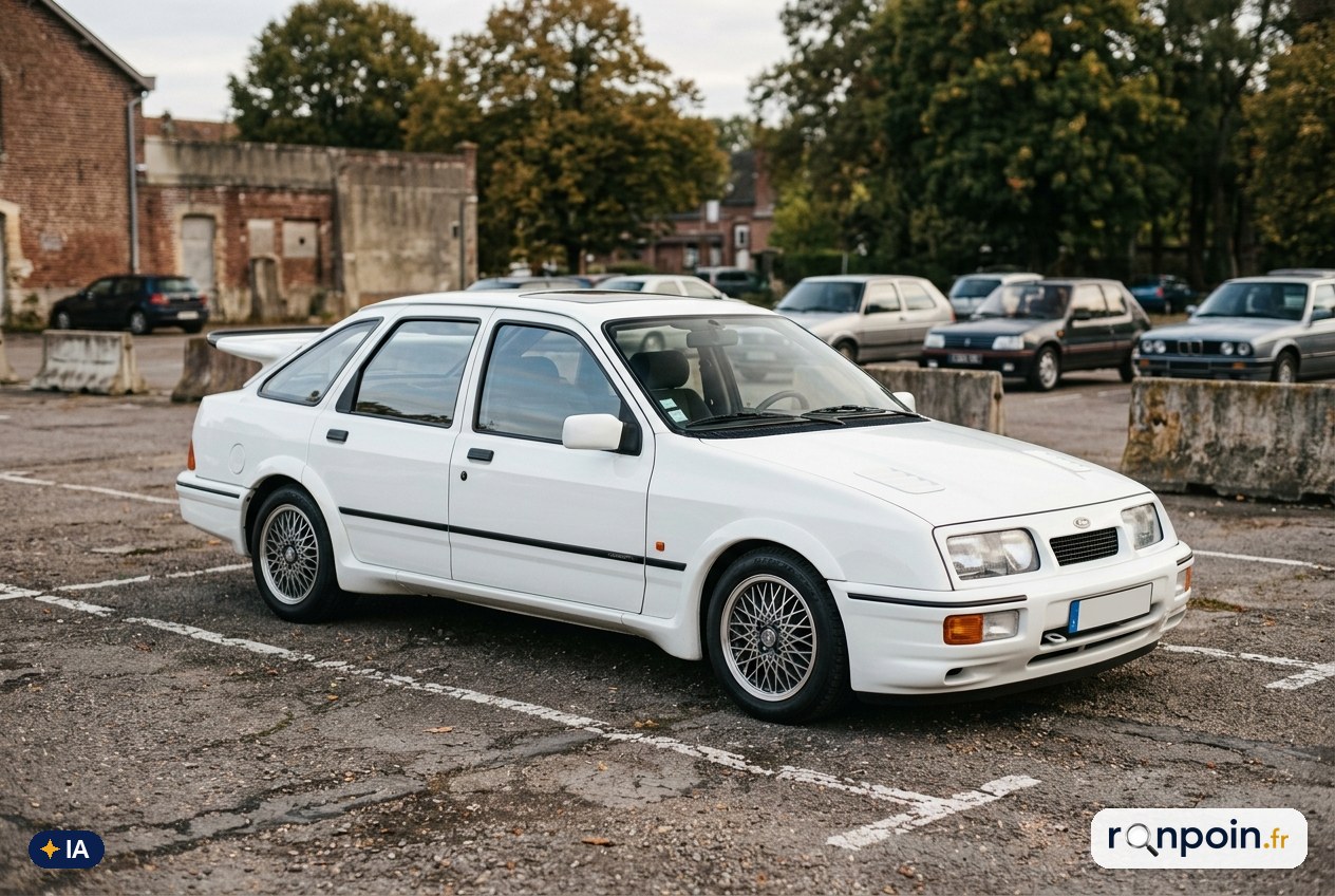 Ford Sierra RS Cosworth blanche à grand aileron biplan de trois quarts avant sur un parking rétro