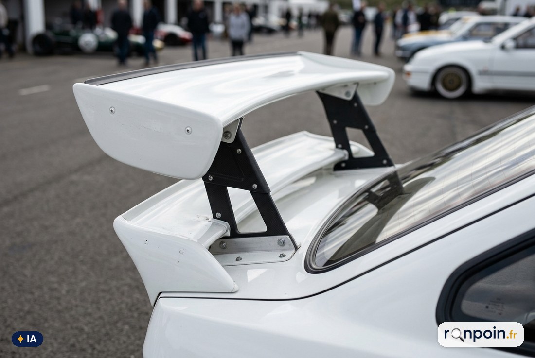 Détail du grand aileron biplan arrière blanc de la Ford Sierra RS Cosworth