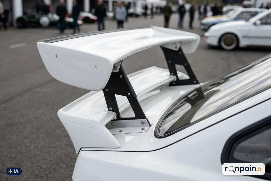 Détail du grand aileron biplan arrière blanc de la Ford Sierra RS Cosworth
