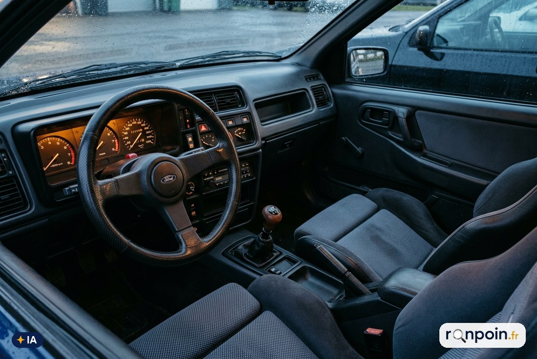 Intérieur Ford Sierra Cosworth : sièges sport Recaro, compteurs, planche de bord années 80
