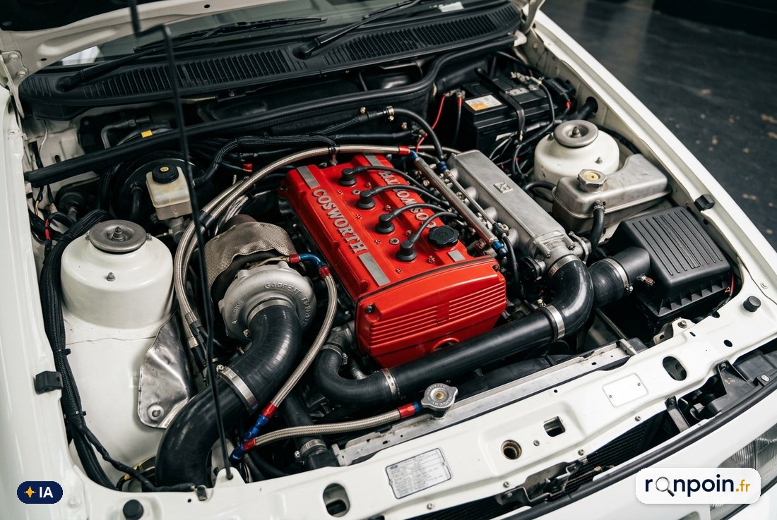 Compartiment moteur turbo de la Ford Sierra Cosworth, cache moteur rouge YB